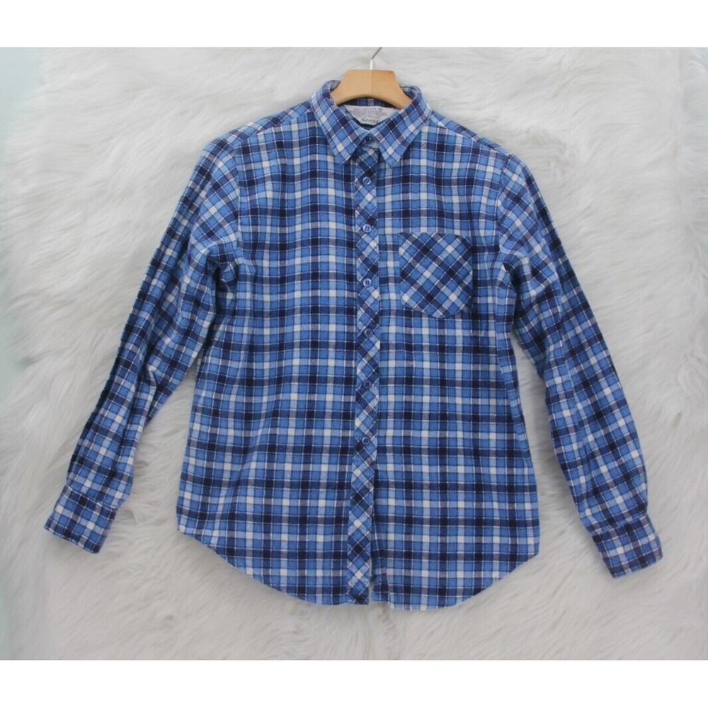Vintage Sears Button Down Top Boy's Sz 14 Blue Plaid Long Sleeve Cotton #620